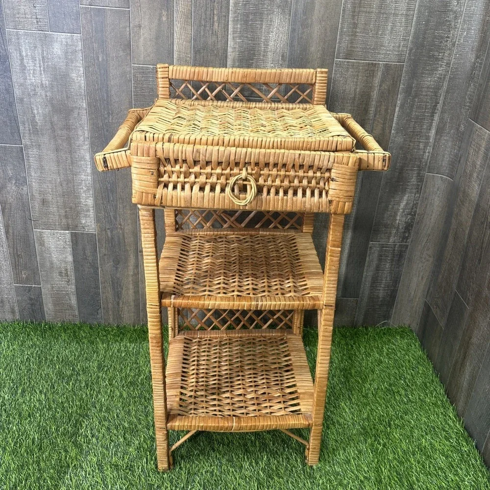 Vintage MCM Wicker Rattan 3 Tier Shelf Bookcase Plant Stand w/ Drawer Boho